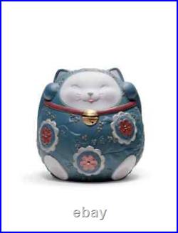 Lladro Maneki Neko II Blue #8529 Brand Nib Lucky Cat Chinese Save$ F/sh