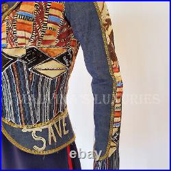 SAVE THE QUEEN JACKET DENIM LOGO EMBROIDERED w PRINTED ACCENTS sz S SMALL